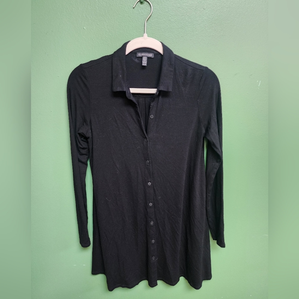 Eileen Fisher Black Button Front Tunic Top XS